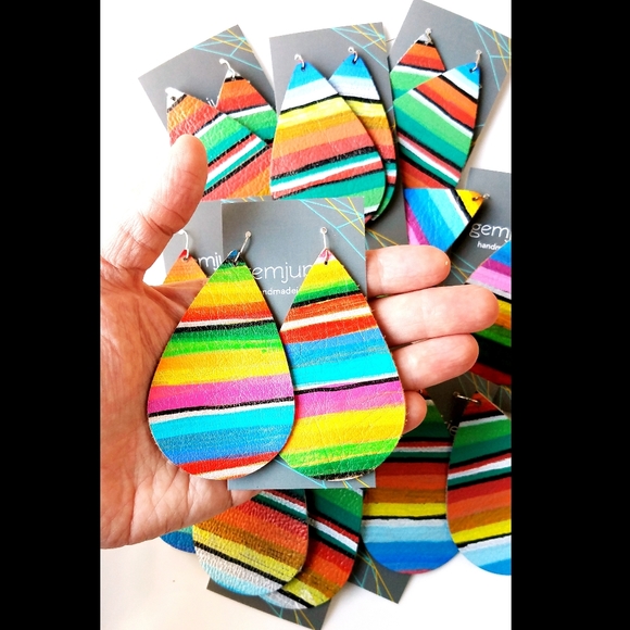 Serape Stripe Earrings Handmade Leather Jewelry - Picture 3 of 9